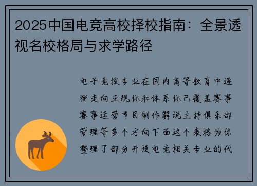 2025中国电竞高校择校指南：全景透视名校格局与求学路径
